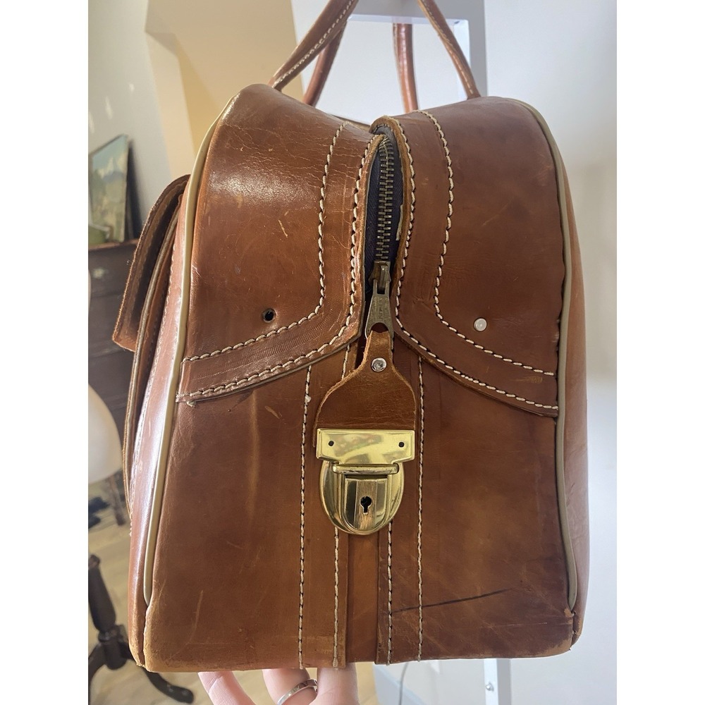 Vintage 70's Tan Leather Duffel Bag Weekend Travel Carry On Luggage Brown Pocket - Picture 4 of 14